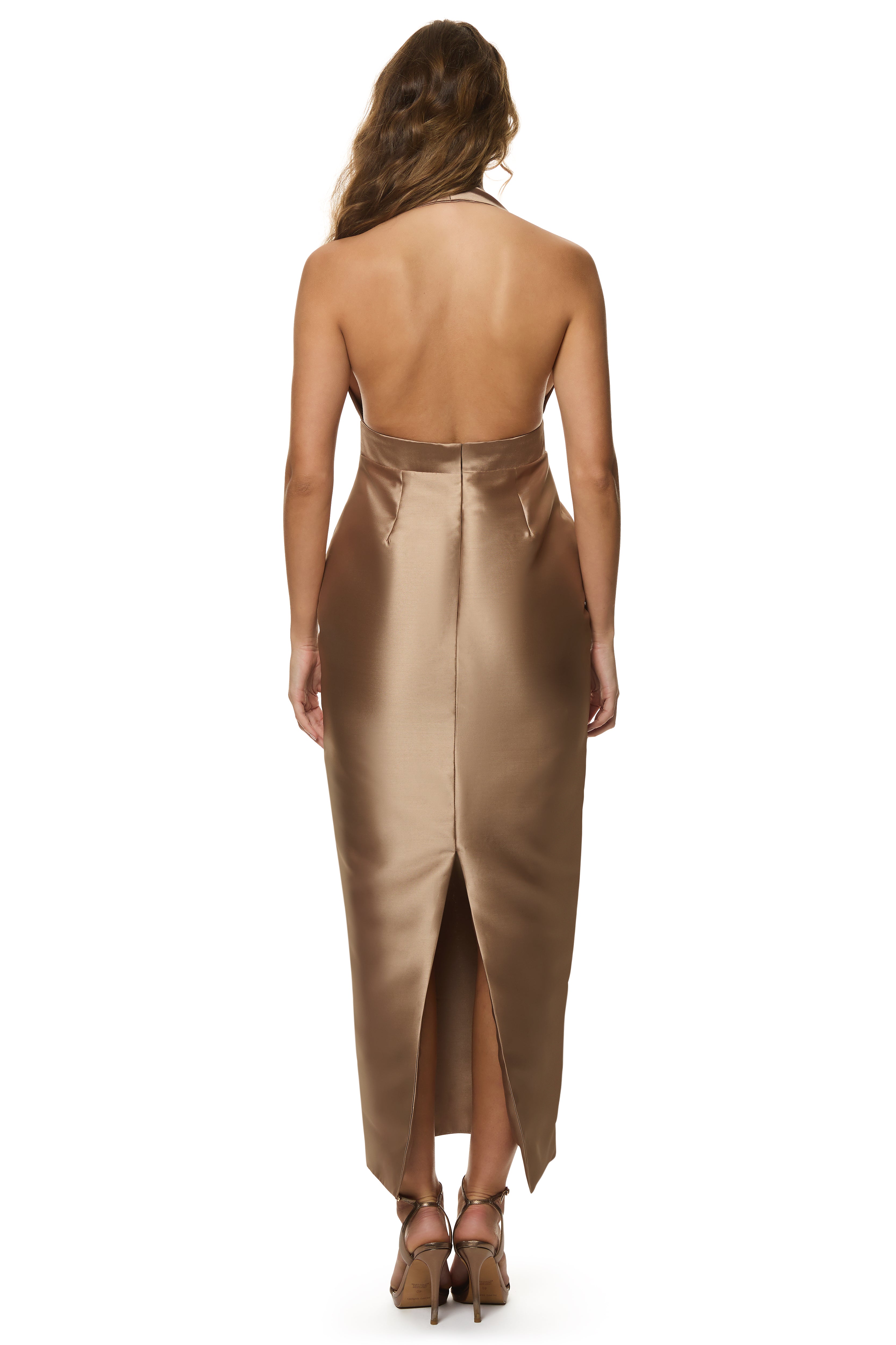 Orbit Gown in heavyweight satin with plunge halter neckline, pencil skirt and removable drape, styled for black-tie events, gala dinners and formal weddings.