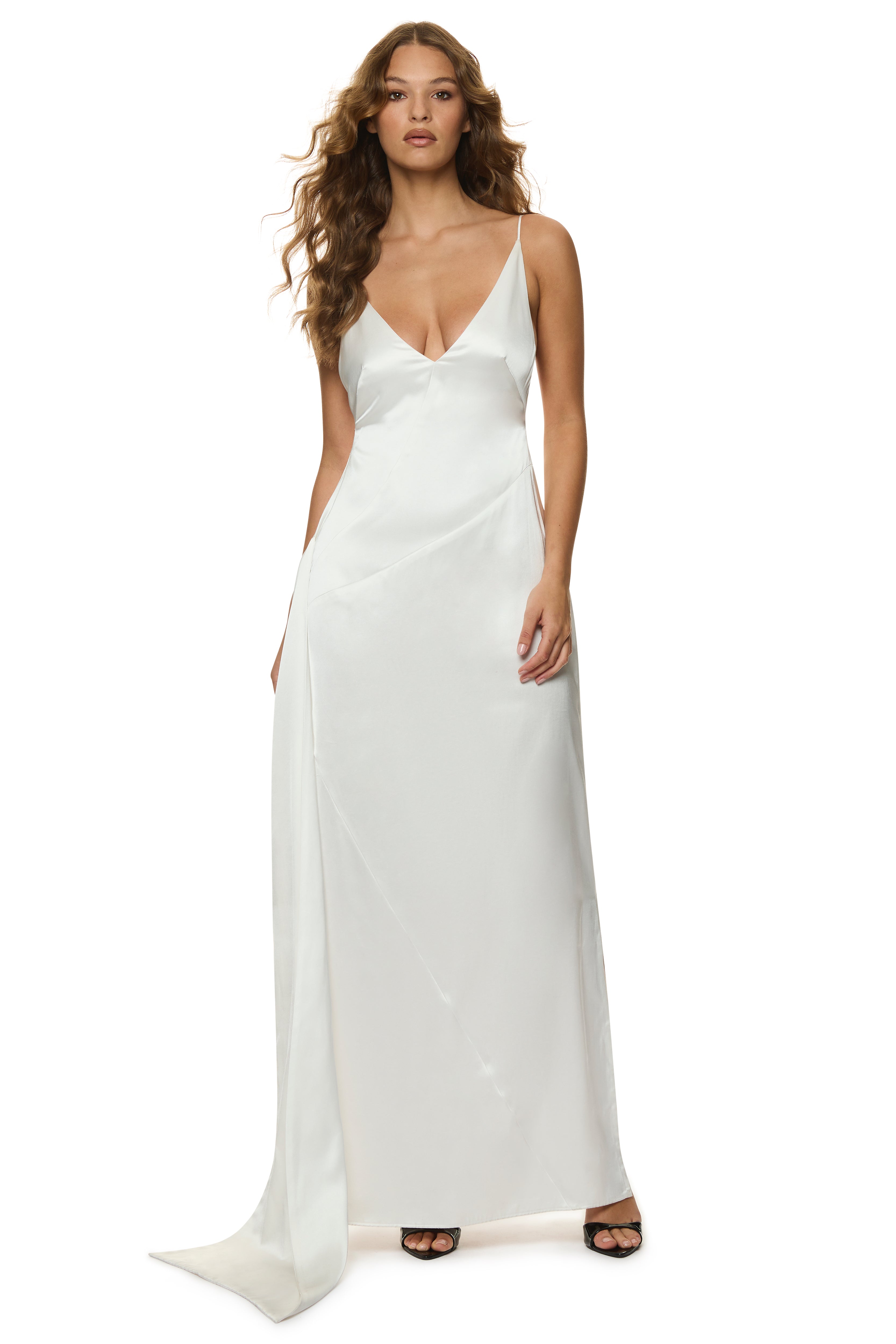 Envy Maxi Dress with plunge neckline, spaghetti straps, low back, maxi length, and sculptural drape, styled for bridesmaids, black-tie events, and gala dinners.