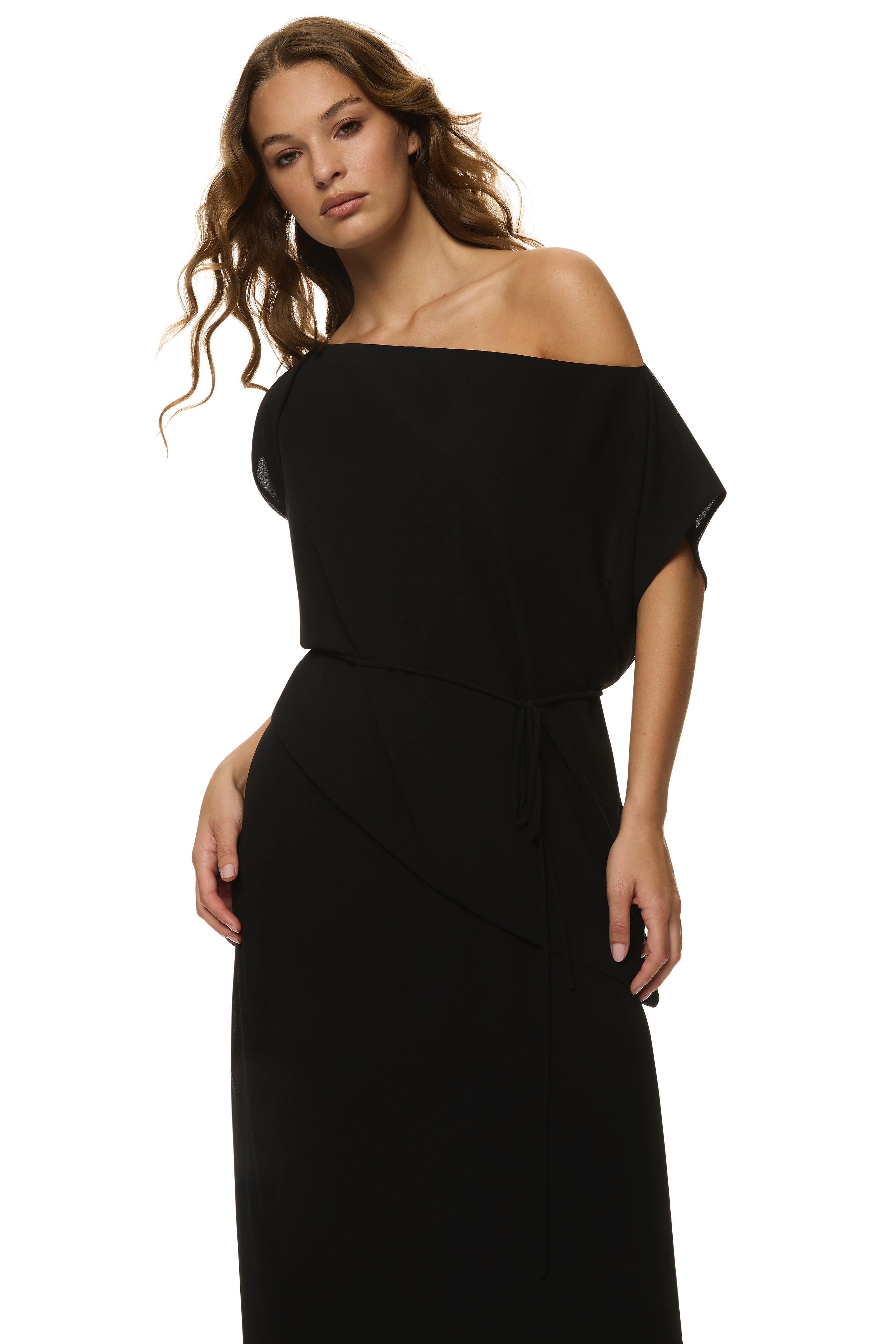 Juliette Top in sheer walnut fabric with asymmetric hem, round neckline, waist tie, and coordinating bralette, styled with Juliette Maxi Skirt.