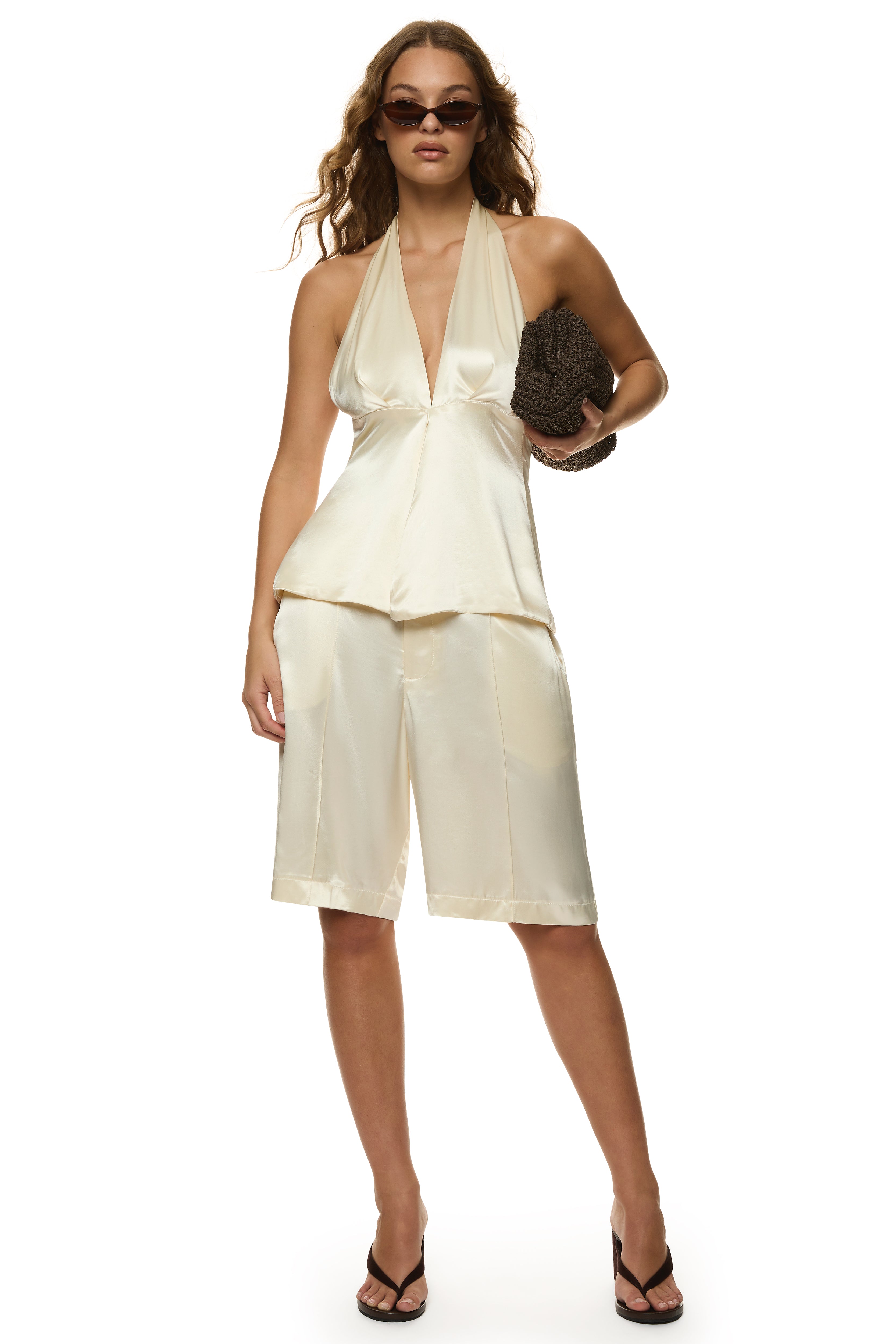 Esme Shorts in silk-like acetate with wide-leg silhouette, pin-tuck detailing, and tailored finish, styled with matching Esme Top as a co-ord set.